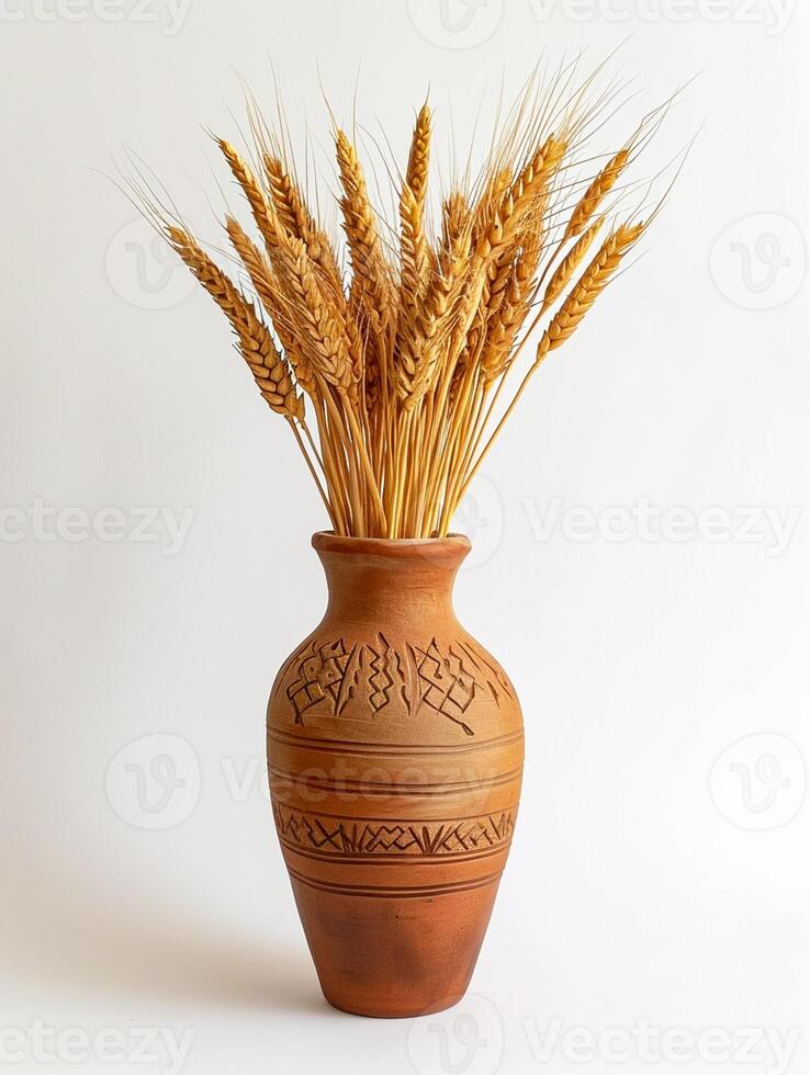 AI generated image features vase with wheat stalks protruding from its opening. The vase is two toned, with the upper part being lighter shade of brown and the lower part darker Ai Generated photo