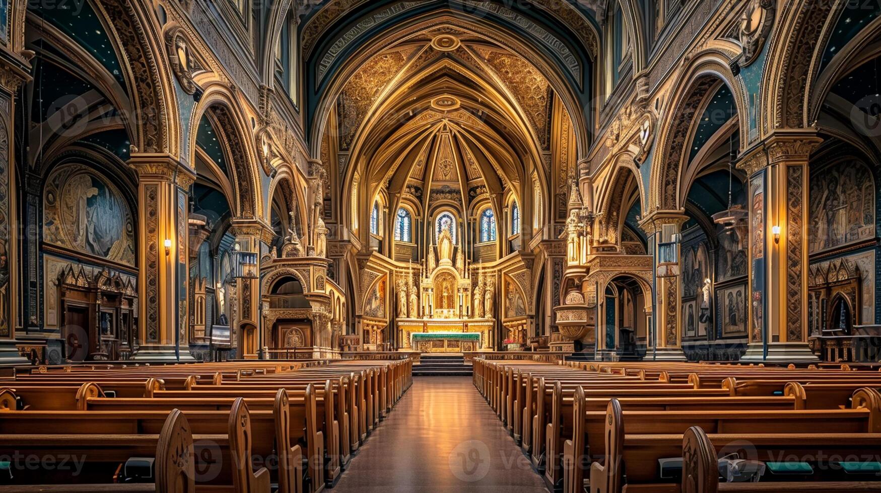 AI generated Photo of the interior of grand church with intricate architectural details. wood pews are aligned in rows leading up to the altar Ai Generated