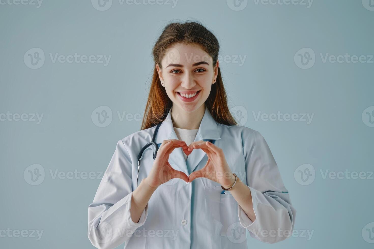 AI generated Young woman doctor makes heart gesture  medical concept. photo
