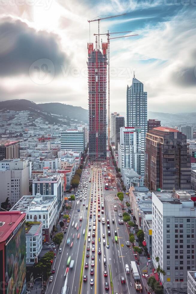 AI generated Photo of cityscape with street filled with moving cars. Buildings of different heights and designs flank both sides of the street. Ai Generated