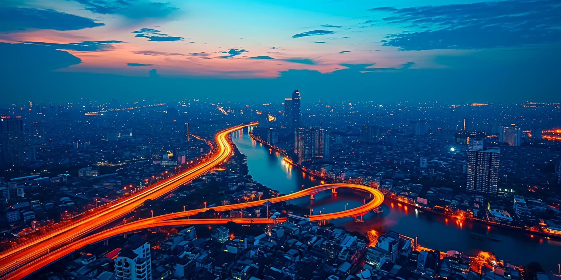 AI generated Photo of cityscape during dusk with river through part of the city. The sky the onset of evening, streetlights forming bright orange trail to the urban landscape Ai Generated