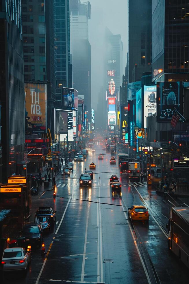 AI generated image of city street on rainy day. Buildings landscape, The road should be wet and reflect the lights from numerous vehicle including cars and truck Ai Generated photo