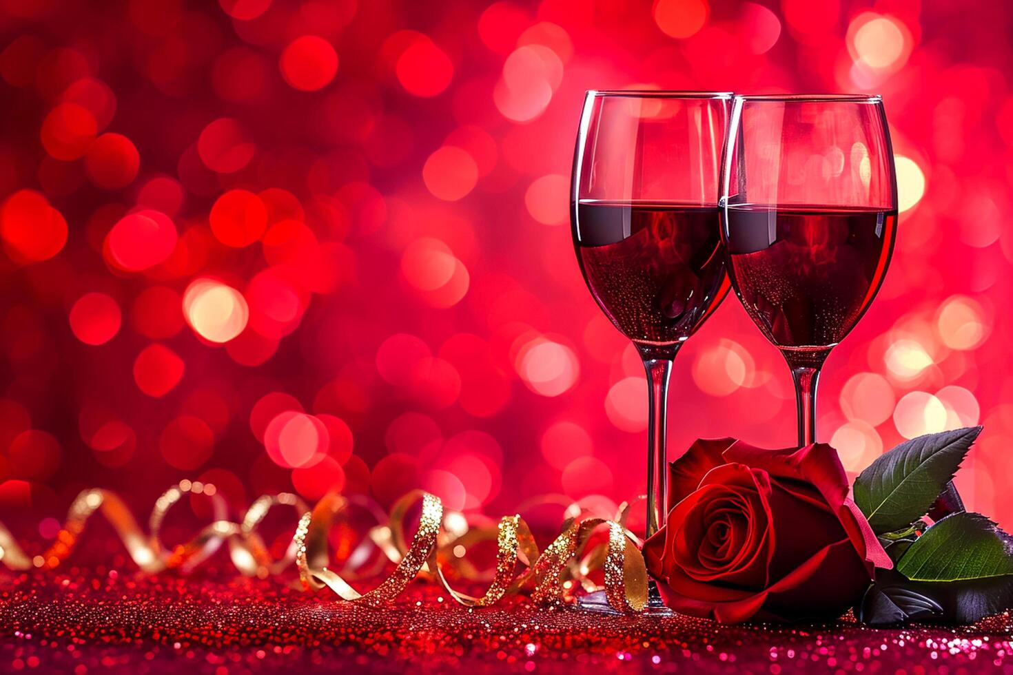 ai generado San Valentín día o romántico concepto. dos lentes vino con Rosa rojo bokeh antecedentes ai generado foto