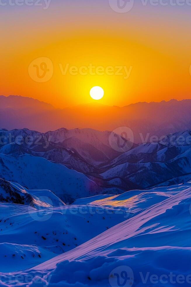 AI generated Sphoto beautiful scenery of high rocky mountains covered with snow under the breathtaking sky, suns from the sunset, Minimalist style Ai Generated photo
