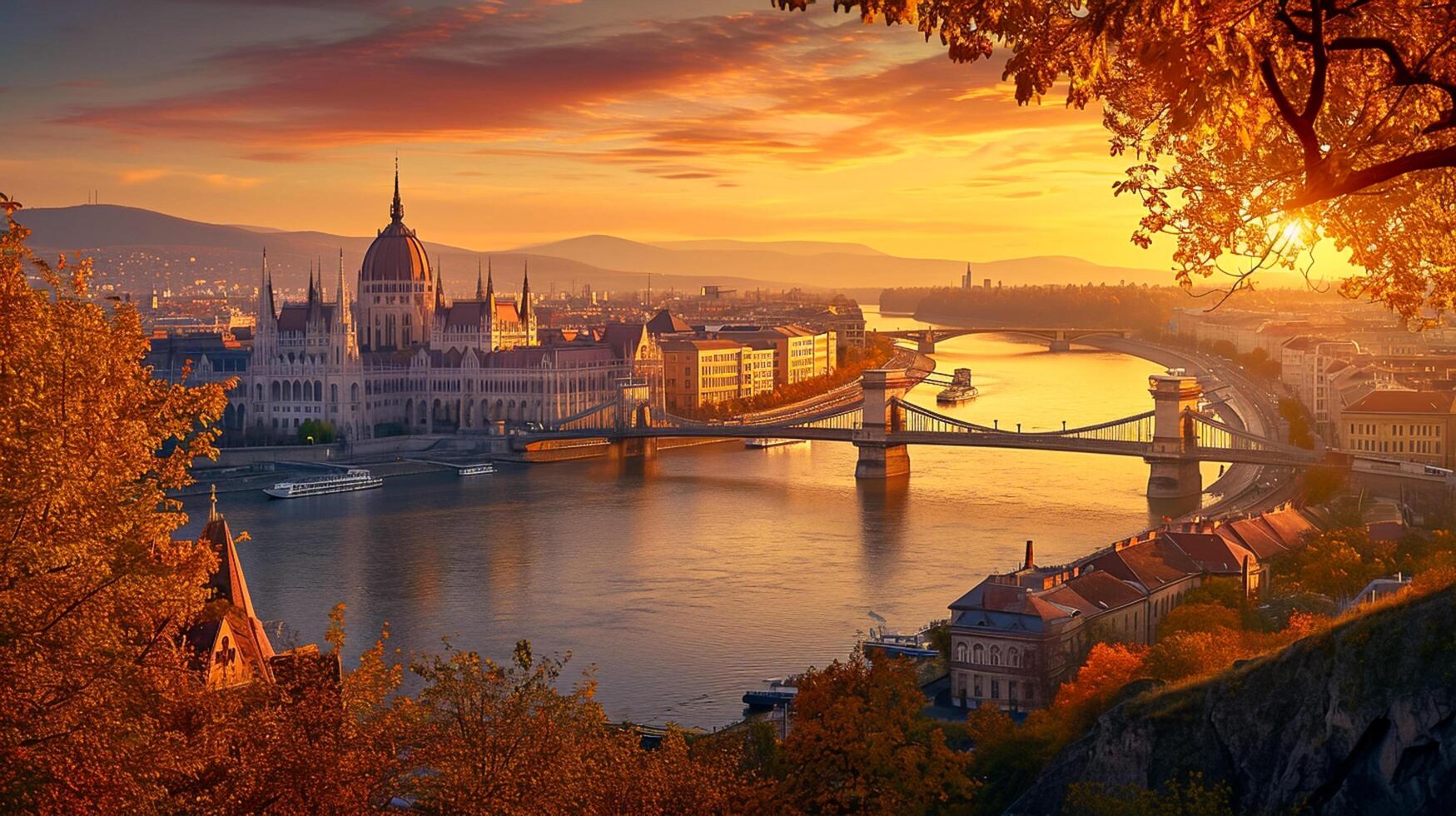 ai generado imagen de escénico ver de ciudad con prominente arquitectónico estructura, puente terminado río, y el rodeando paisaje bañado en el calentar resplandor de puesta de sol ai generado foto