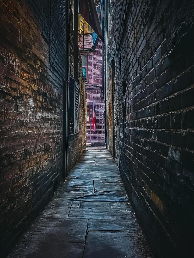 AI generated Photo vertical shot of a narrow alley. The atmosphere is moody and dark with natural Ai Generated