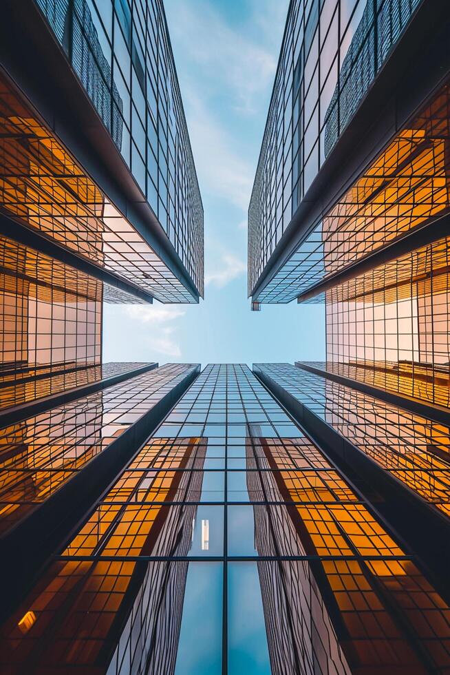 AI generated image shows low angle view of two tall buildings converging into the sky. Both buildings are made of reflective glass that mirrors the surrounding environment. Ai Generated photo