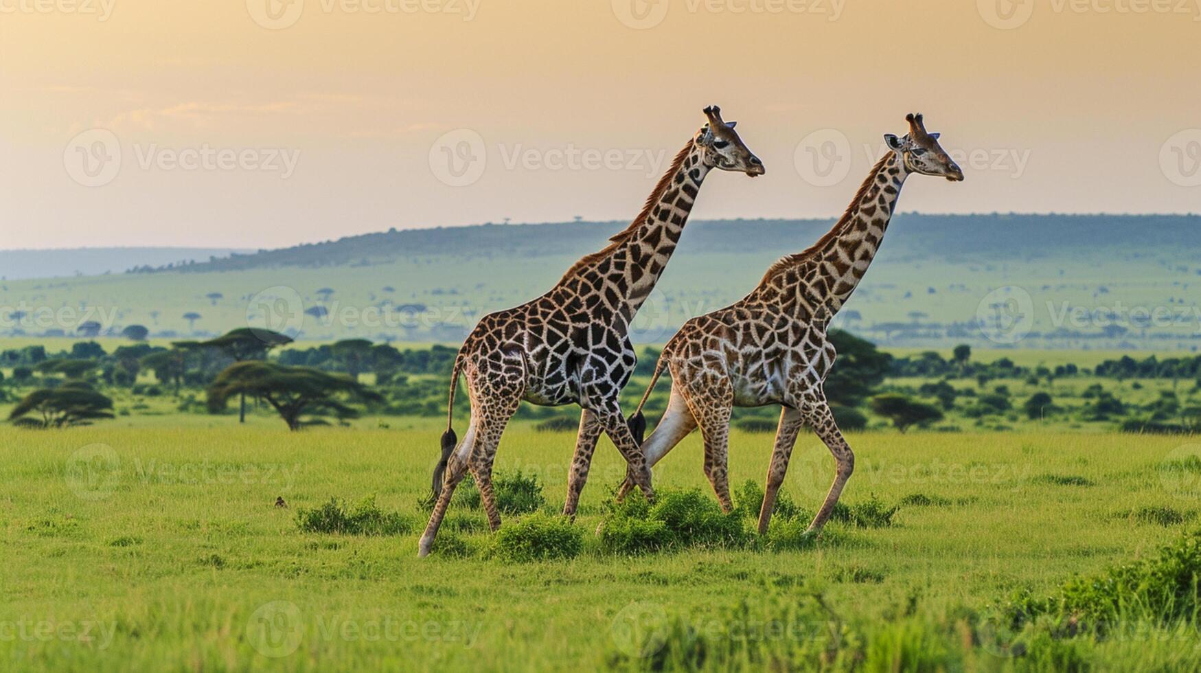 ai generado dos jirafas graciosamente caminando mediante un lozano, verde paisaje ai generado foto