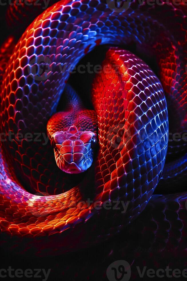 AI generated vibrant image of a snake with scales that are illuminated in vibrant red and dark tones Ai generated photo