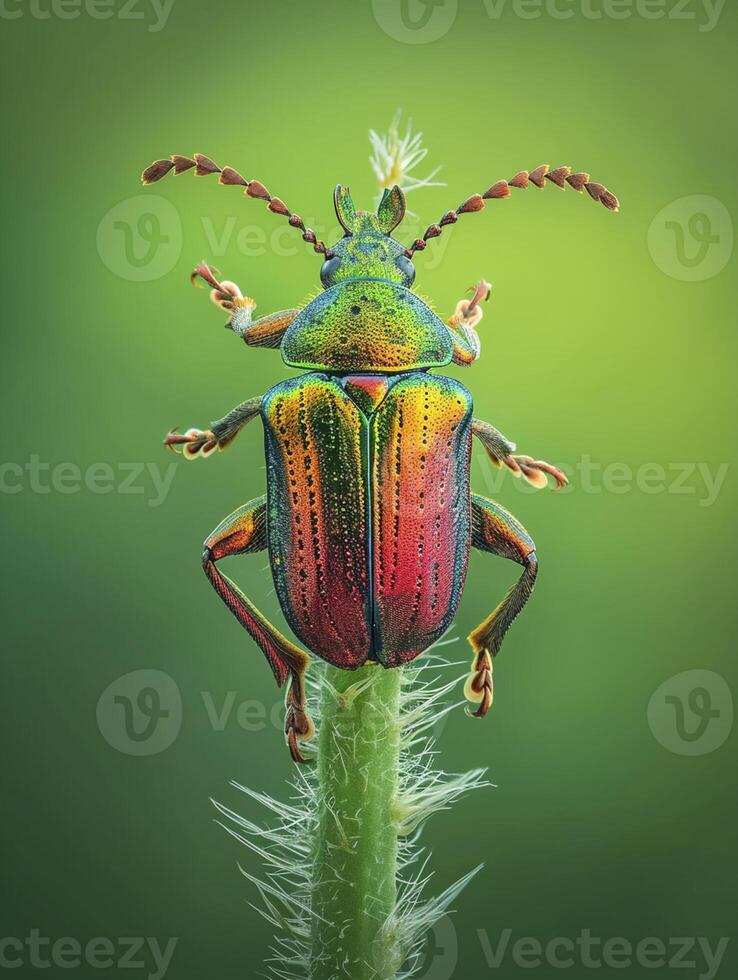 AI generated vibrant, colorful beetle perched on a green stem against a soft green background Ai generated photo