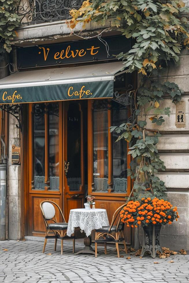AI generated exterior of Velvet cafe with its name elegantly written on the awning. Ai generated photo
