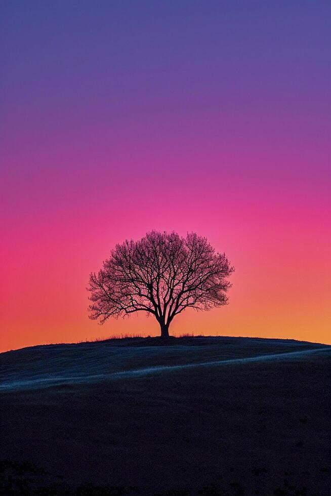AI generated lone tree silhouetted against a gradient sunset sky Ai generated photo