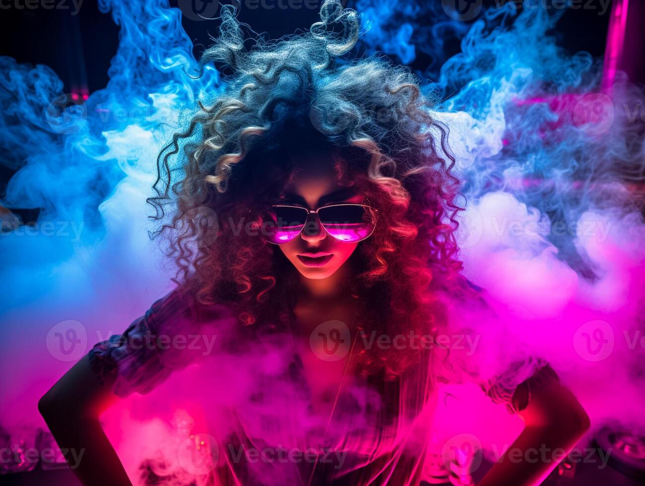 AI generated Young woman dj with sunglasses Smoke and Headphones playing music. Nightlife concept. AI Generated photo