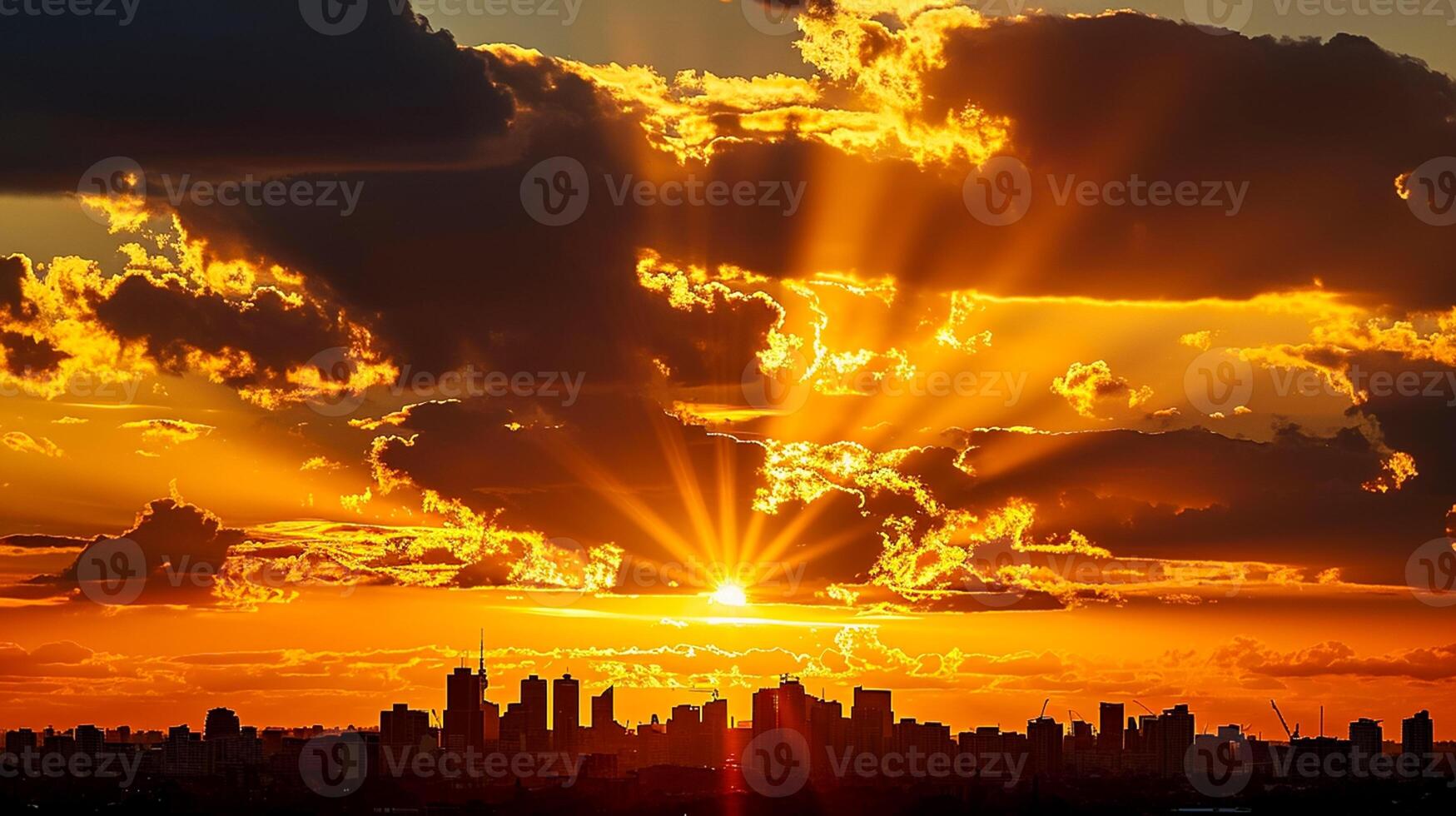 AI generated stunning Photo of sunset over city skyline. The sun is partially obscured by clouds, casting an array of golden rays across the sky Ai Generated