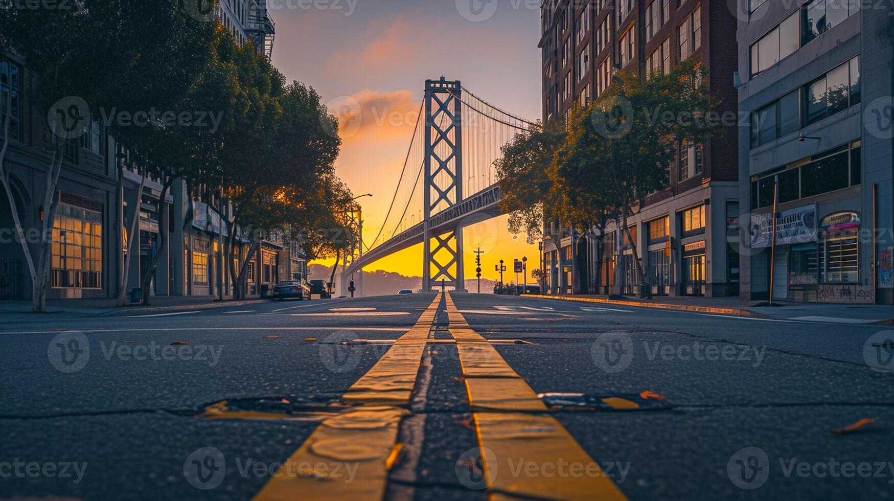 AI generated Beautiful view of large suspension bridge that extends across the frame, illuminated by the soft glow of the setting sun from the sunset Ai Generated photo