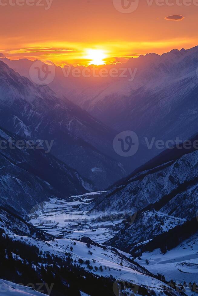 AI generated Sphoto beautiful scenery of high rocky mountains covered with snow under the breathtaking sky, suns from the sunset, Minimalist style Ai Generated photo