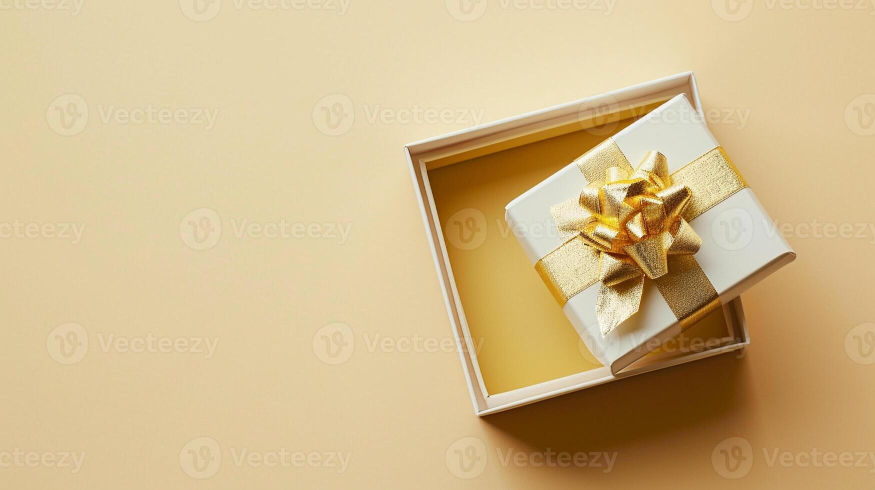 AI generated Unveiling Luxury 3D Gift Box with Gold Ribbon, Empty Space, Top View, Ai generated photo