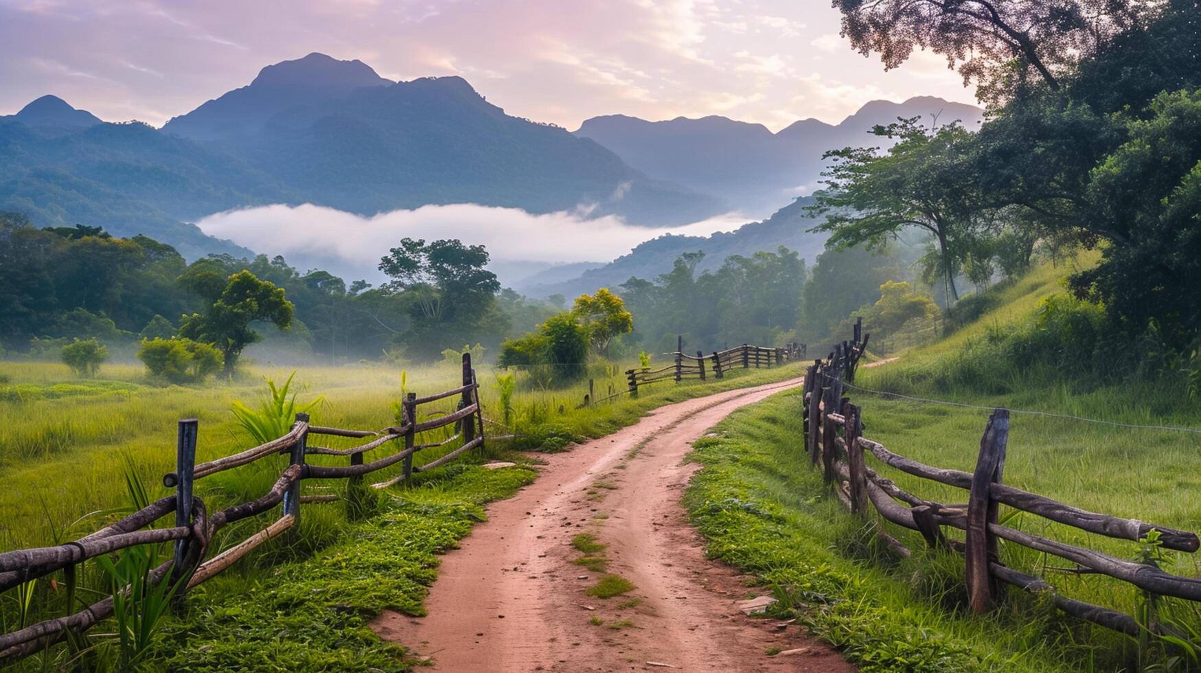 ai generado tranquilo rural temprano Mañana . devanado suciedad camino es prominente, líder el espectador ojo mediante el eso rodeado por lozano verdor. madera cerca carreras junto a el camino. ai generado foto