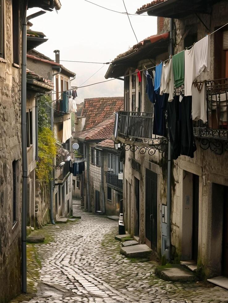 AI generated image captures narrow, winding cobblestone street lined with old buildings and laundry hanging from the balconies Ai Generated photo