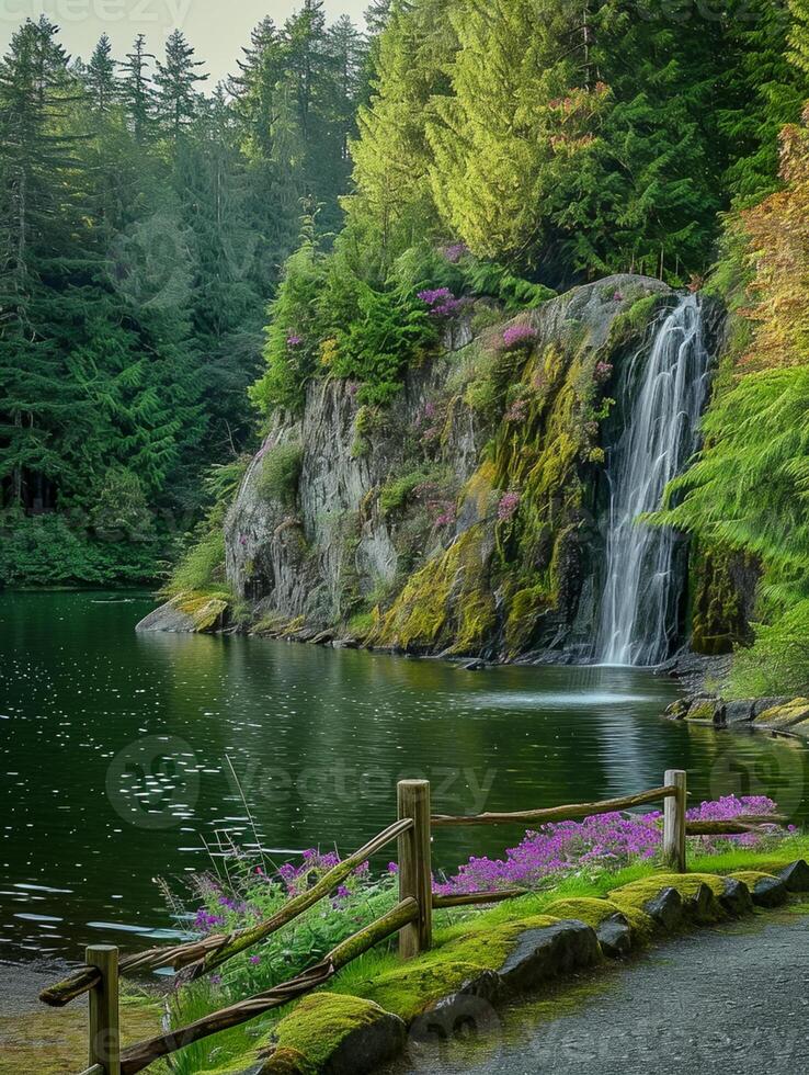 AI generated serene image captures picturesque scene of nature featuring waterfall, forest, pond and rocky Ai Generated photo