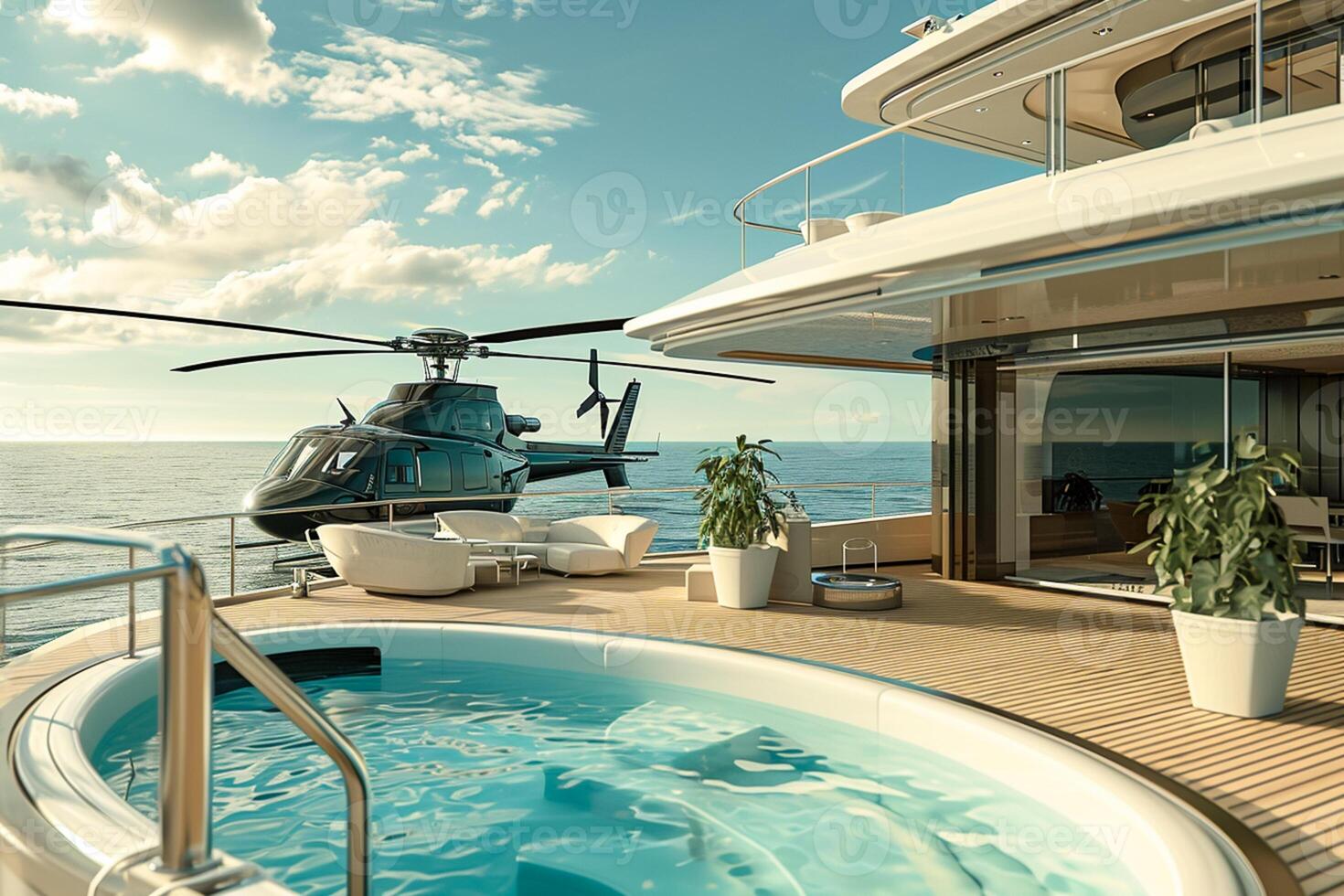 AI generated 3D illustration of a luxury super yacht with a helicopter swimming pool and a jacuzzi Ai Generated photo