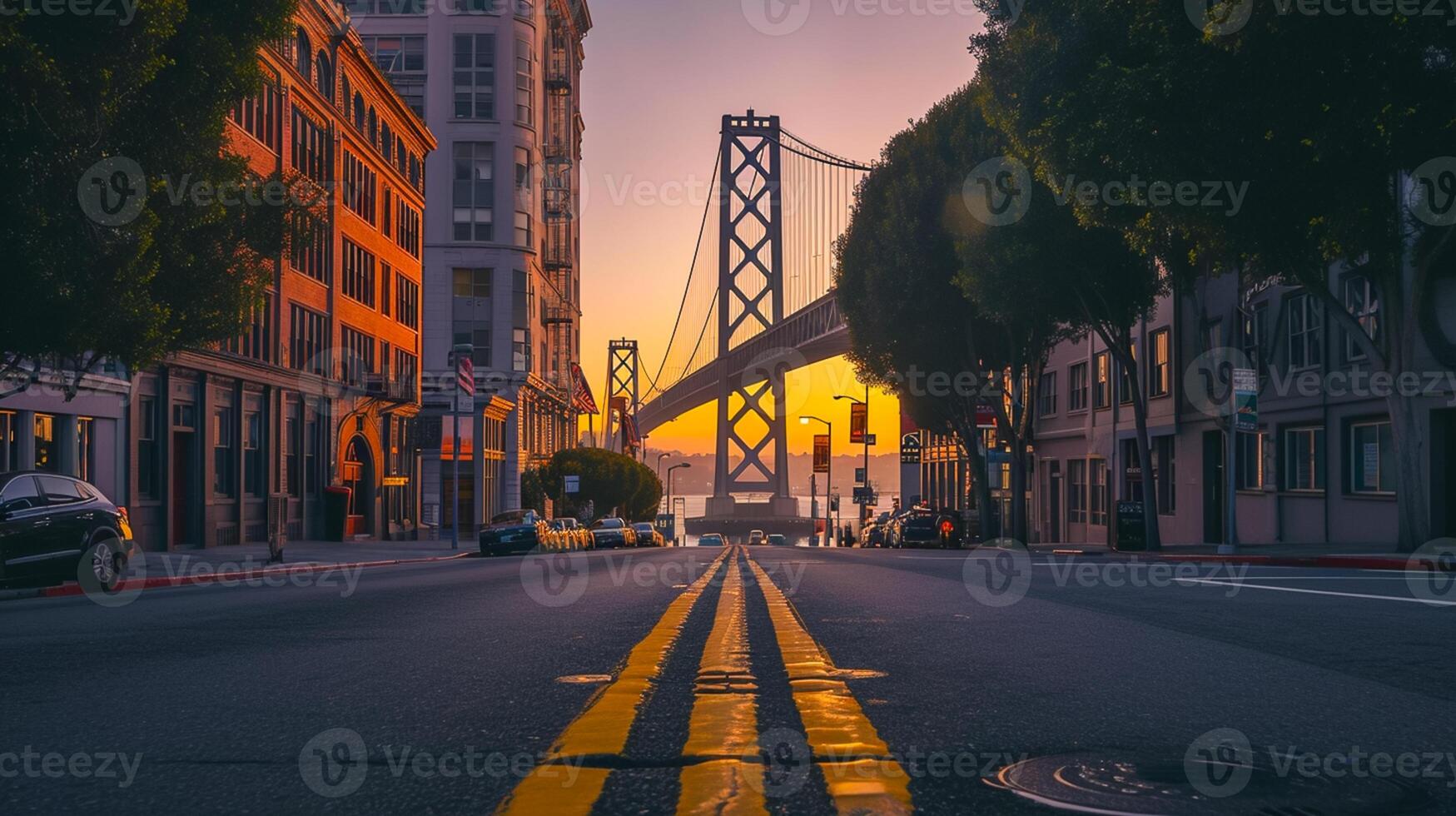 AI generated Beautiful view of large suspension bridge that extends across the frame, illuminated by the soft glow of the setting sun from the sunset Ai Generated photo