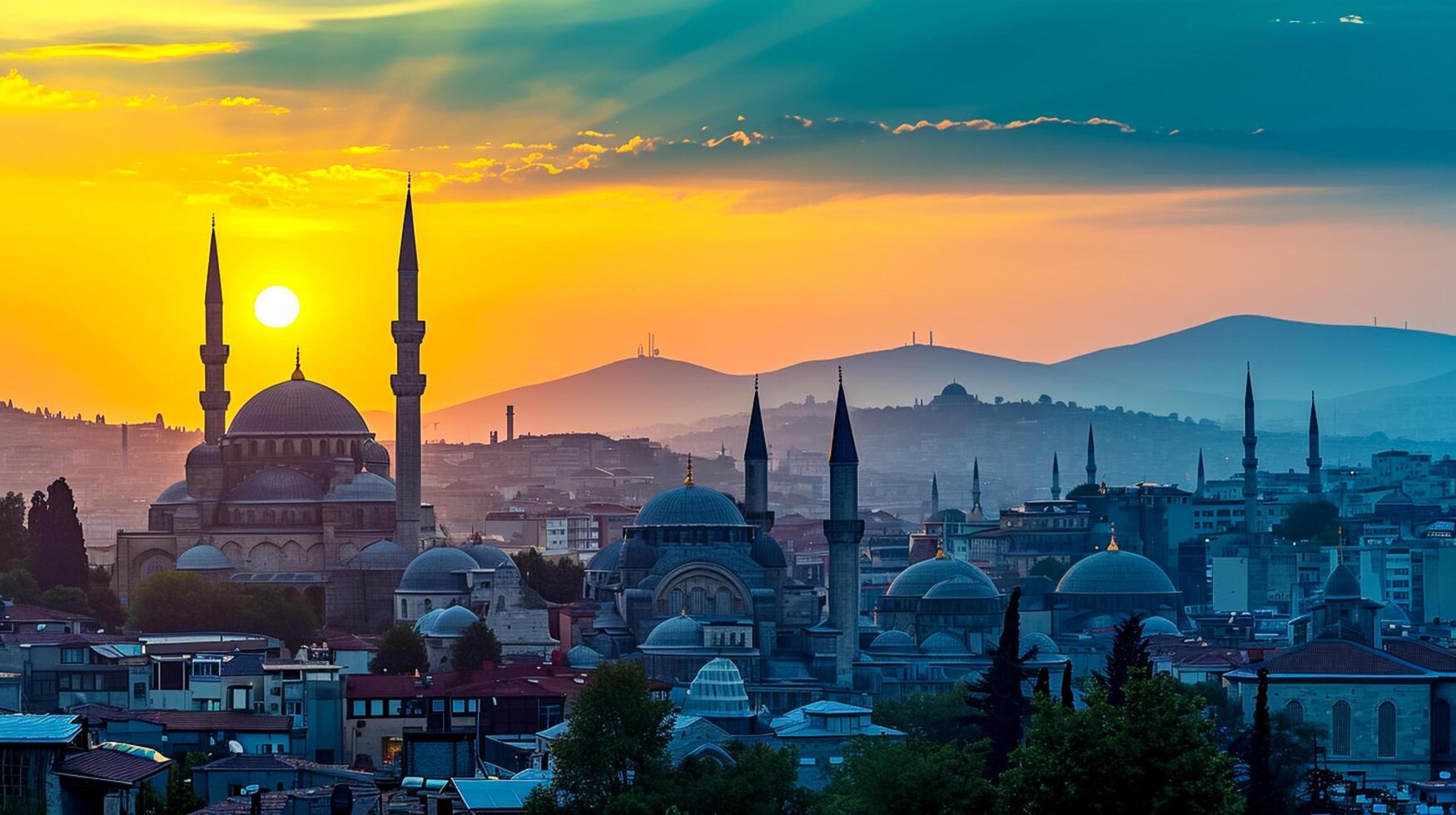 AI generated picturesque sunset historic cityscape. Prominent architectural structures, including domed buildings and towers, are silhouetted against the soft glow of the setting sun. Ai Generated photo