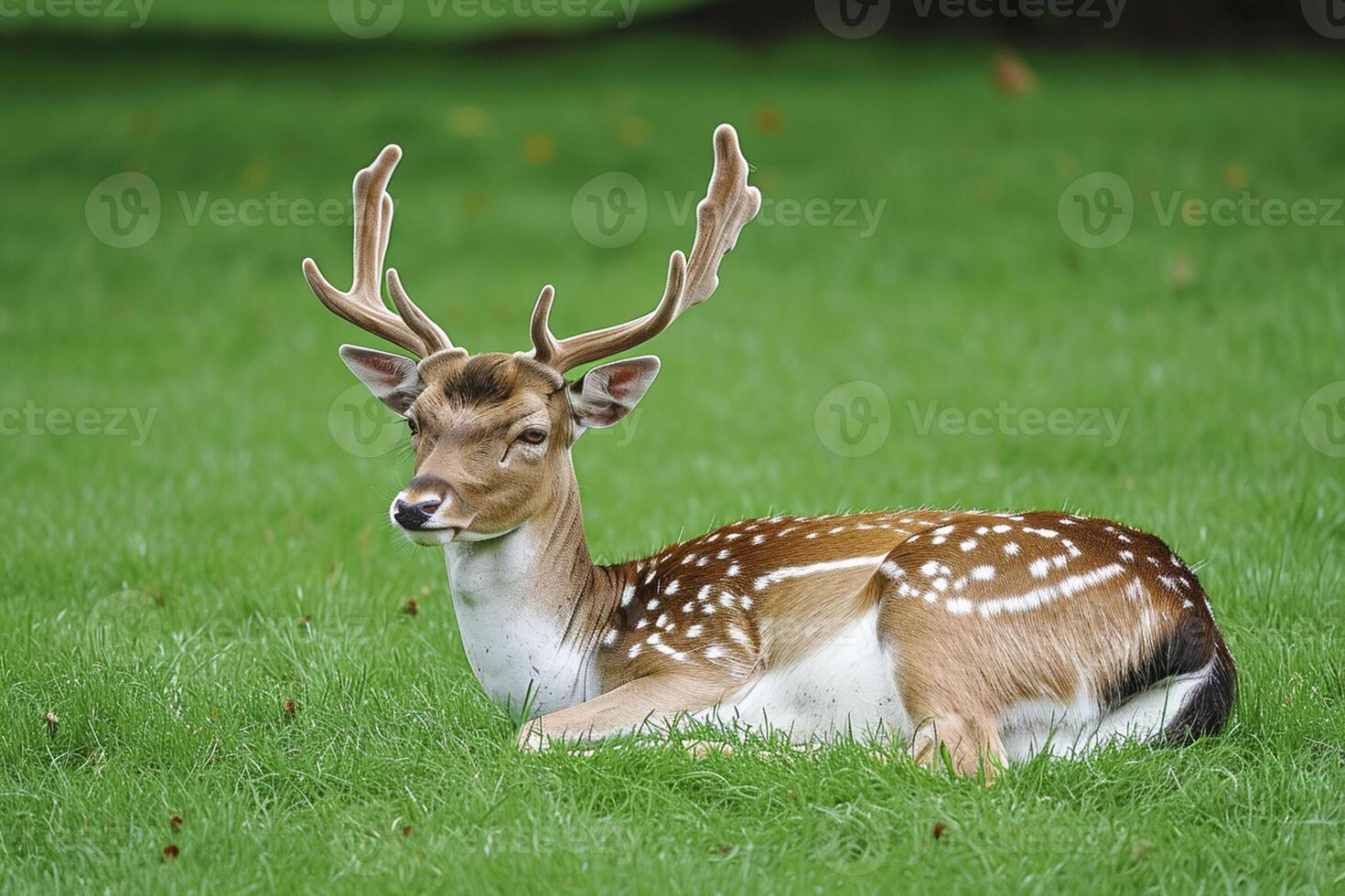 ai generado majestuoso ciervo con impresionante cornamenta, descansando pacíficamente en un lozano verde campo ai generado foto