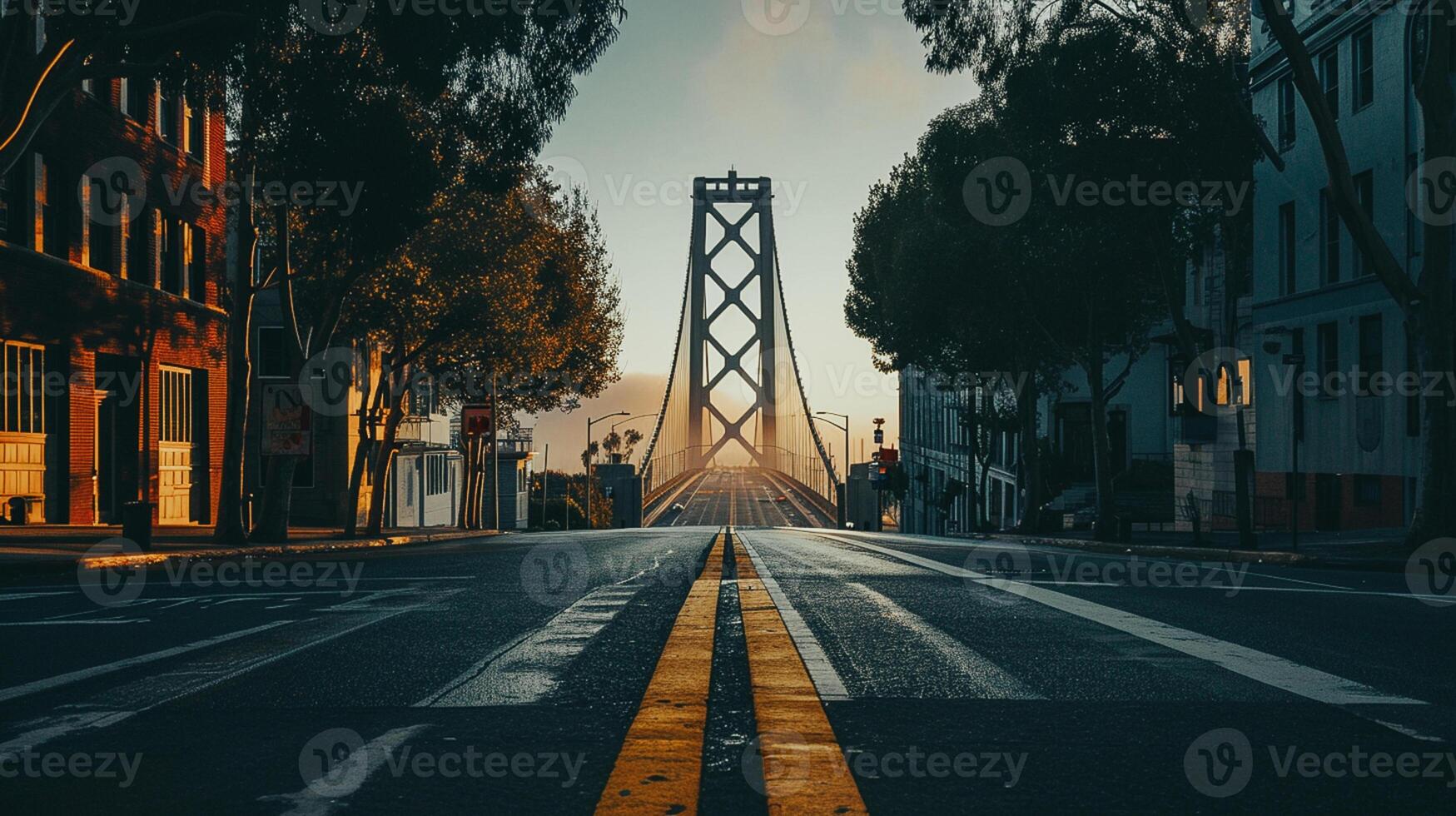 AI generated Beautiful view of large suspension bridge that extends across the frame, illuminated by the soft glow of the setting sun from the sunset Ai Generated photo