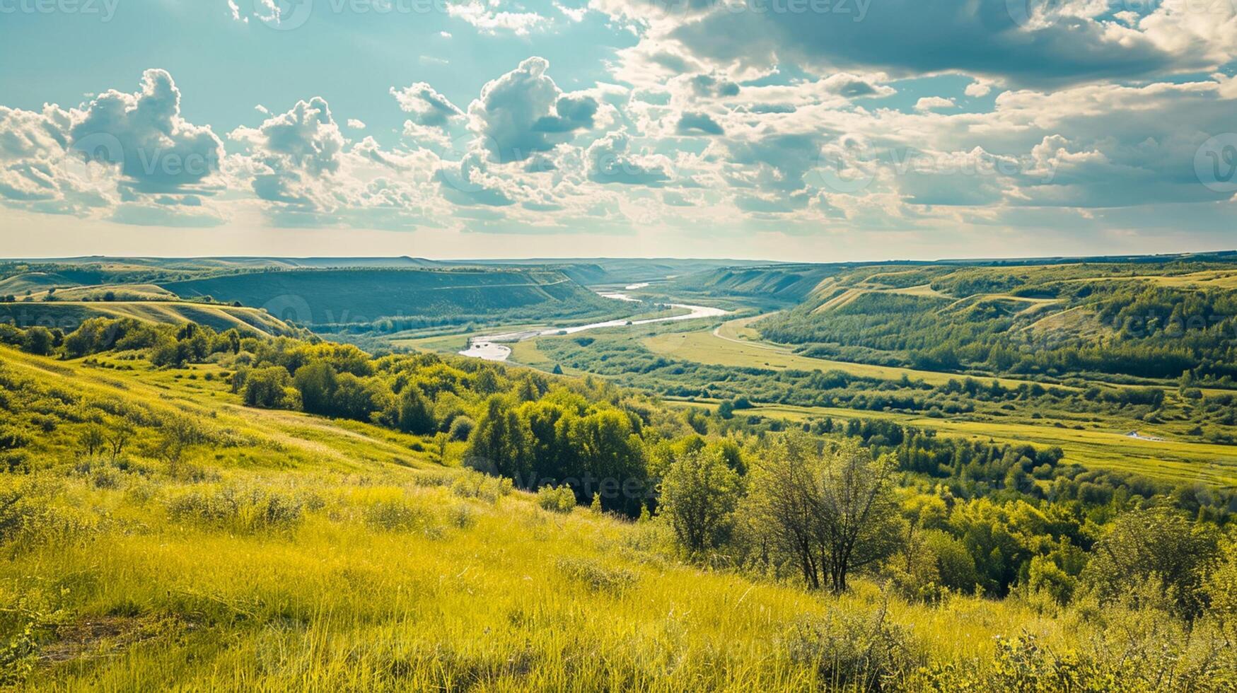 AI generated Photo vast prairie with green grass, wide river in the distance, and lush forest on both sides, long exposure Ai Generated