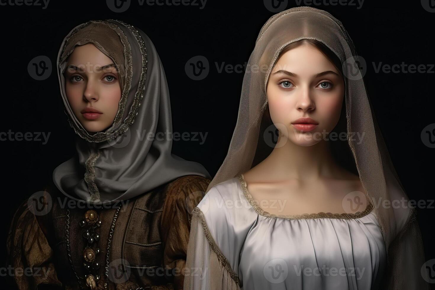 Clásico retrato de joven niña en medieval vestido, comparando eras foto