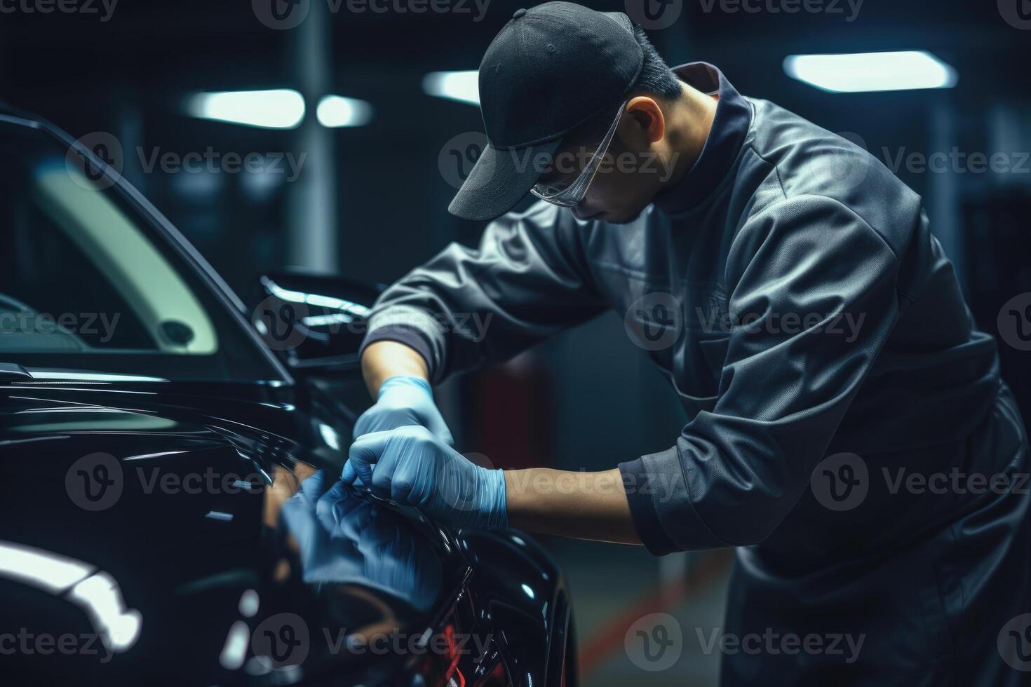 ai generado coche Servicio trabajador aplica nano revestimiento en coche detalle. foto