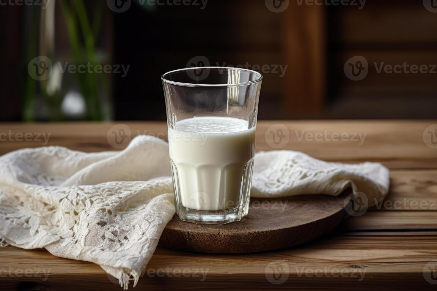 ai generado Leche y servilleta en antiguo mesa foto