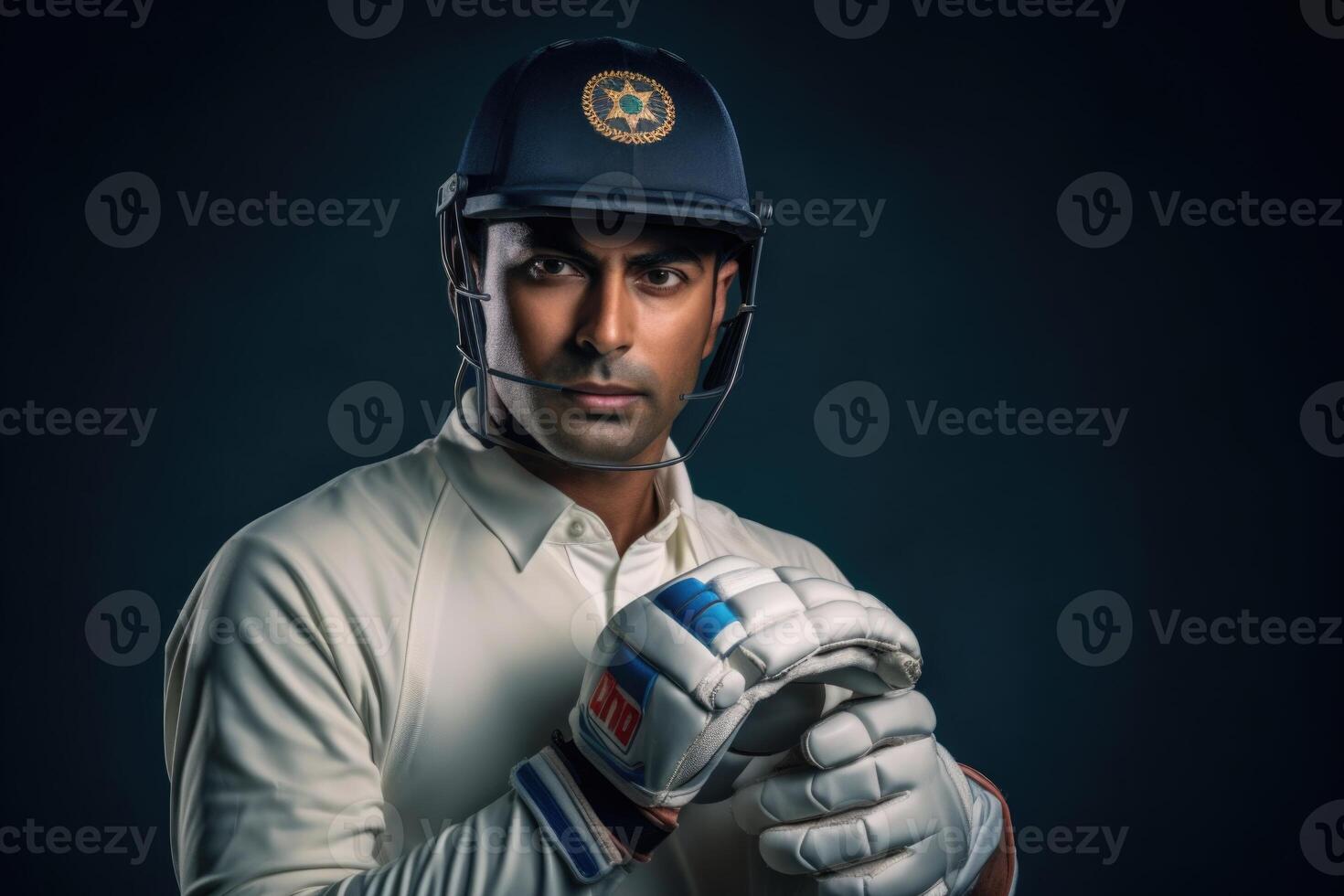 ai generado indio jugador de cricket en estudio retrato con casco y guantes foto