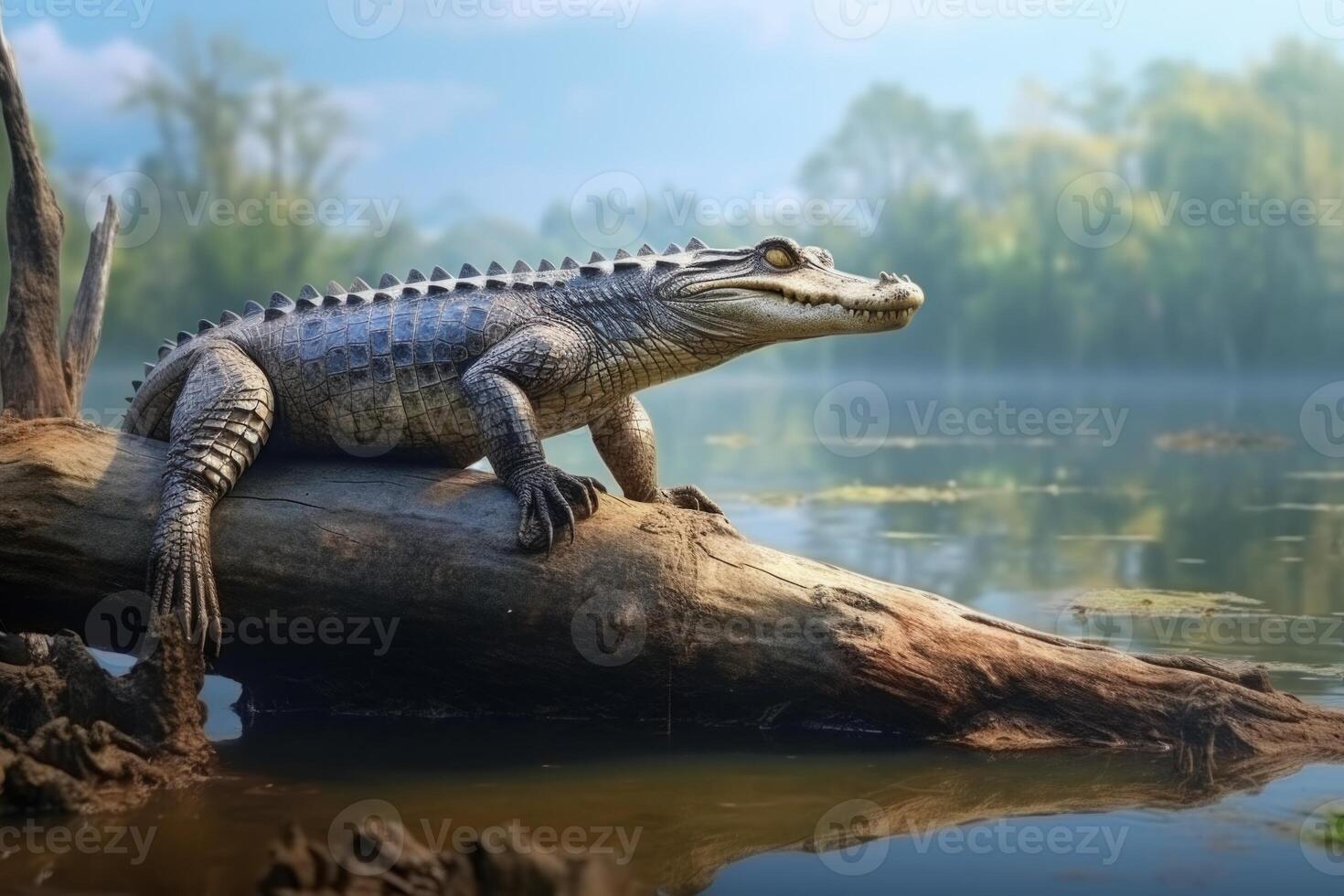 ai generado joven cocodrilo en palo en sri lanka río. foto