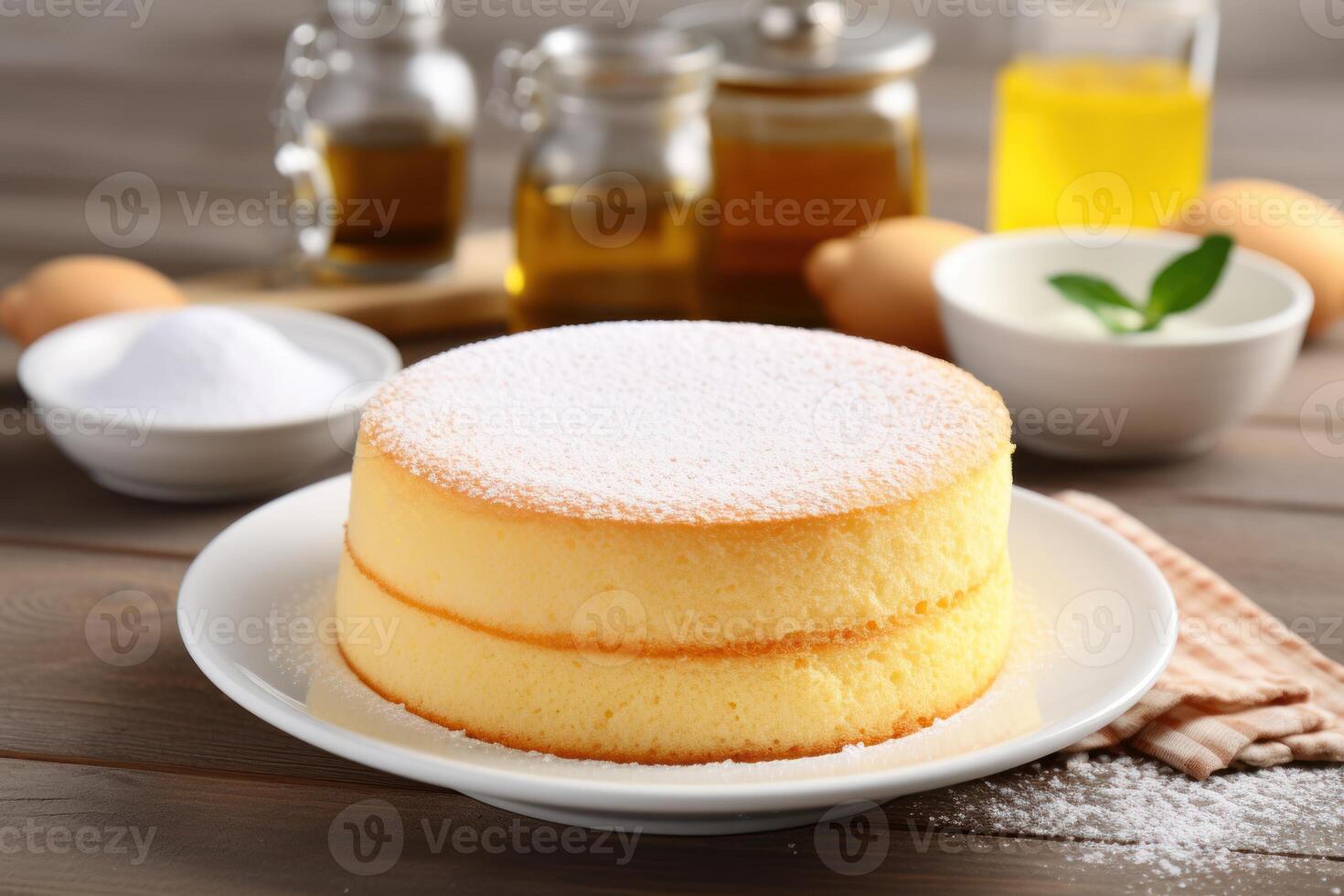 delicioso hecho en casa esponja pastel en blanco plato con ingredientes. foto