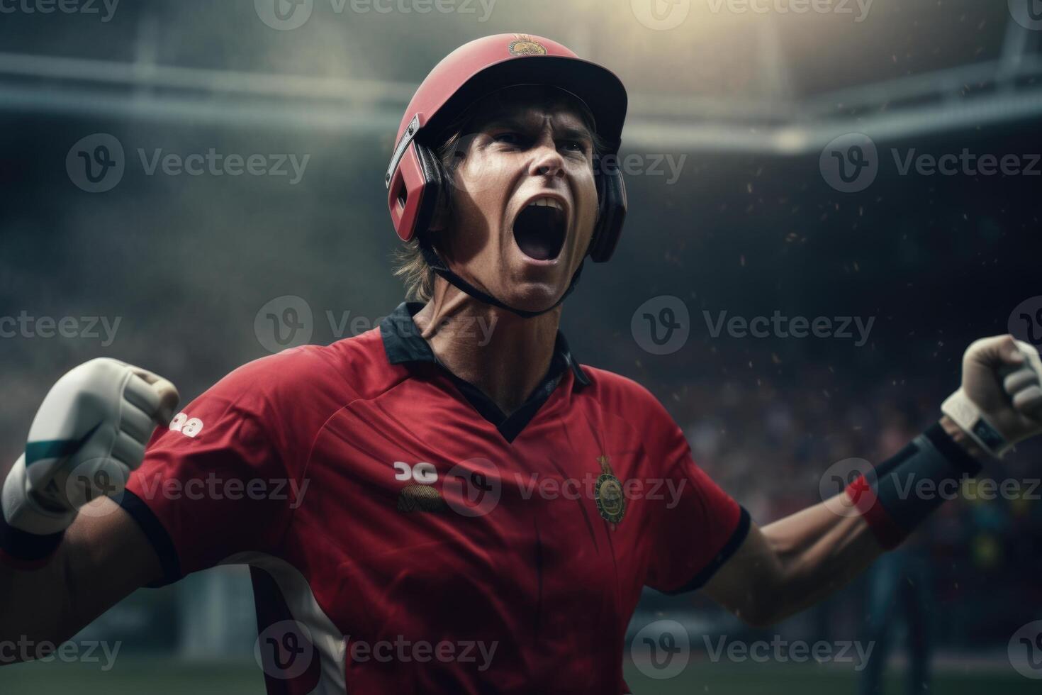 AI generated Aggressive cricket player celebrates tournament victory. photo