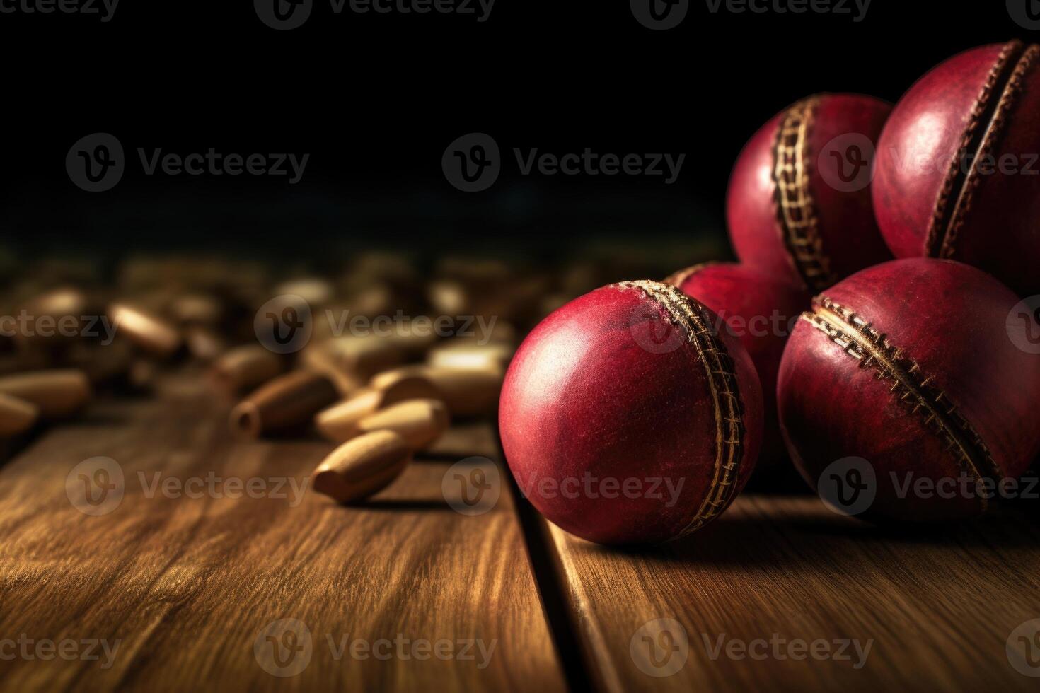 AI generated Closeup of cricket ball and wickets on wooden surface. photo