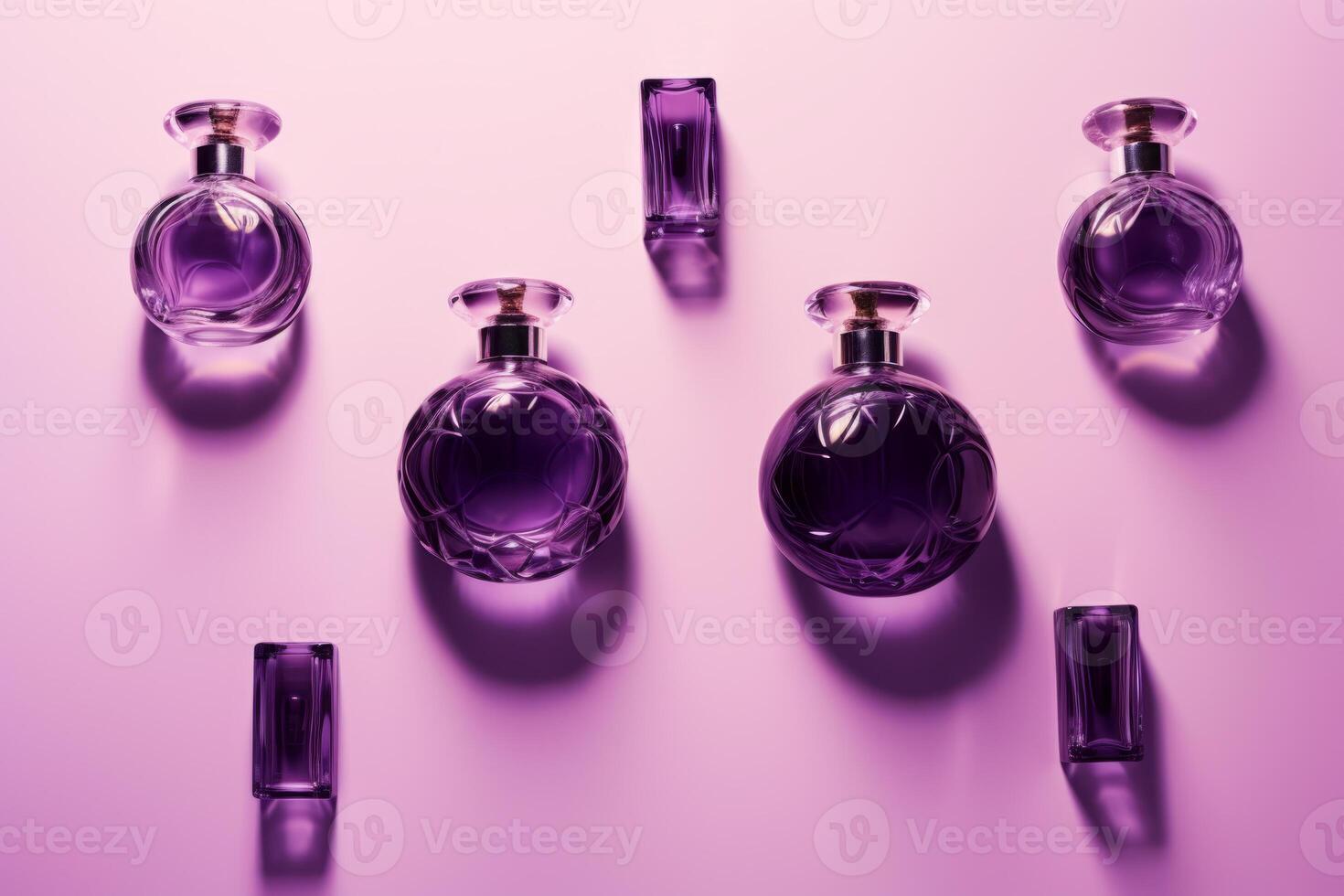 ai generado conjunto de perfume botellas en púrpura antecedentes. foto