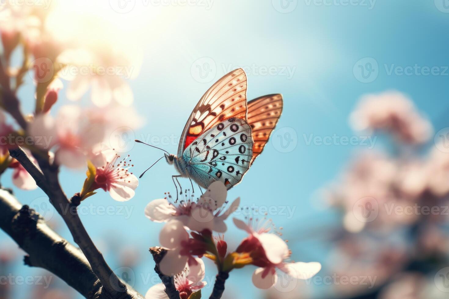 AI generated Spring vintage butterfly and cherry tree flower photo