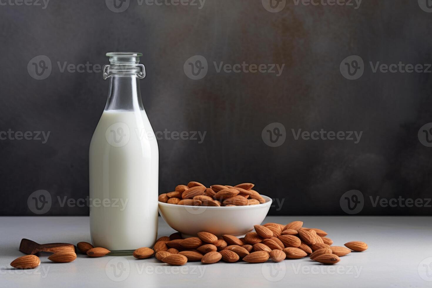 AI generated Organic almond milk and raw almonds for cooking. photo