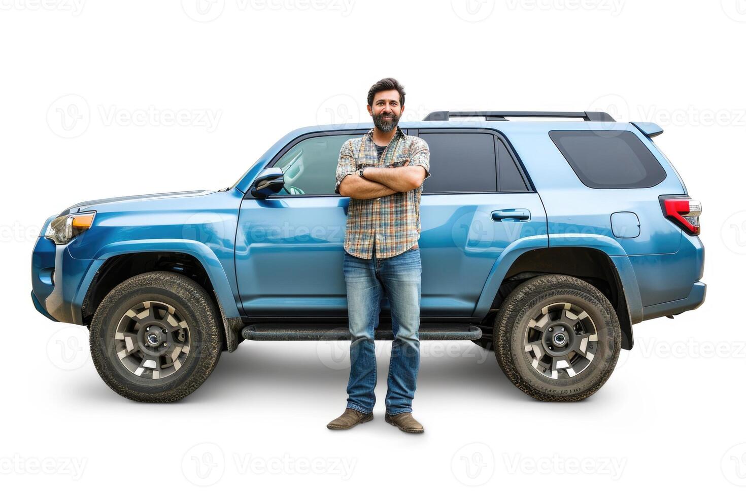 AI generated Full length portrait of a man leaning on a SUV isolated on white background photo