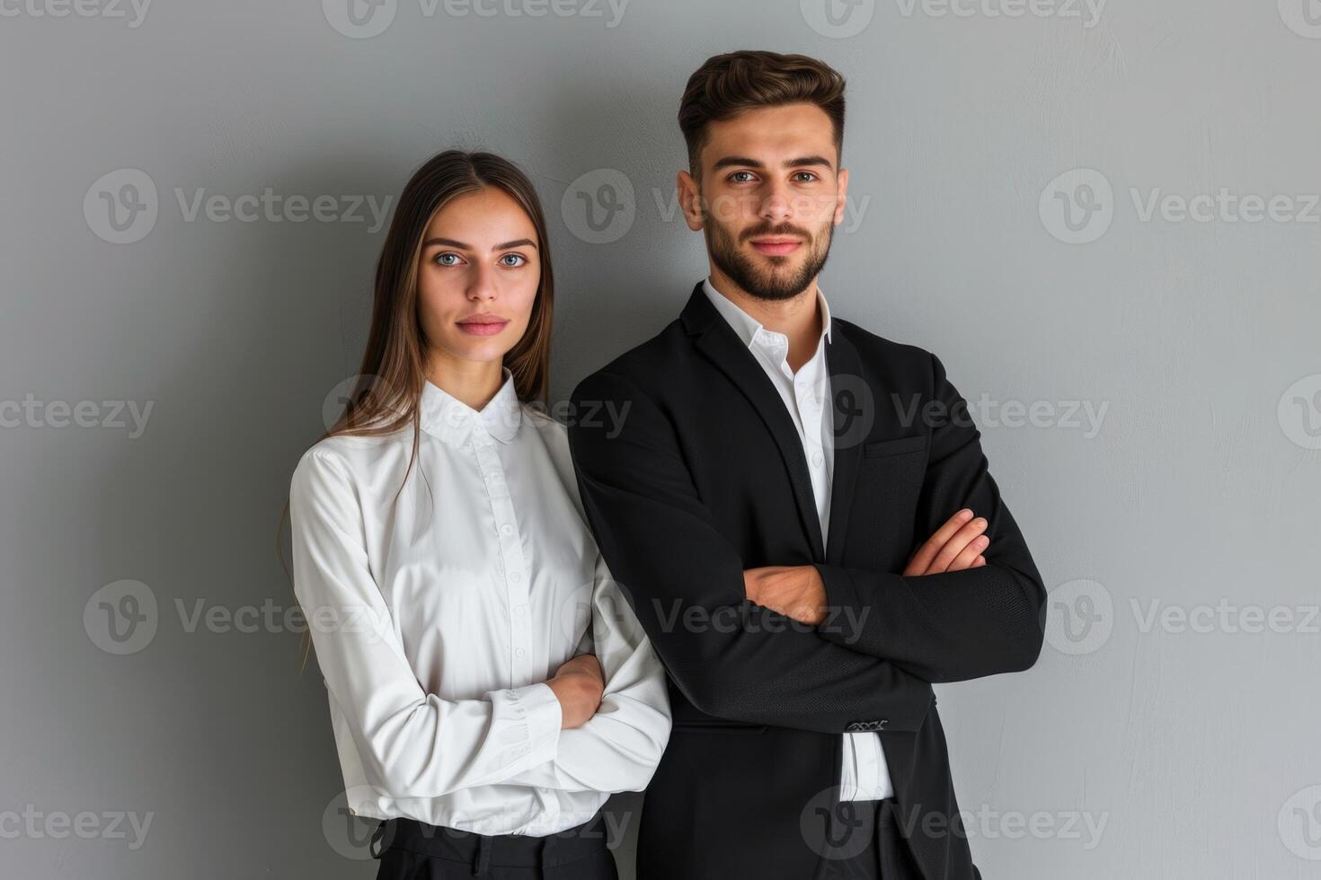 AI generated Business partners posing in front of gray background  looking at camera and smiling. photo