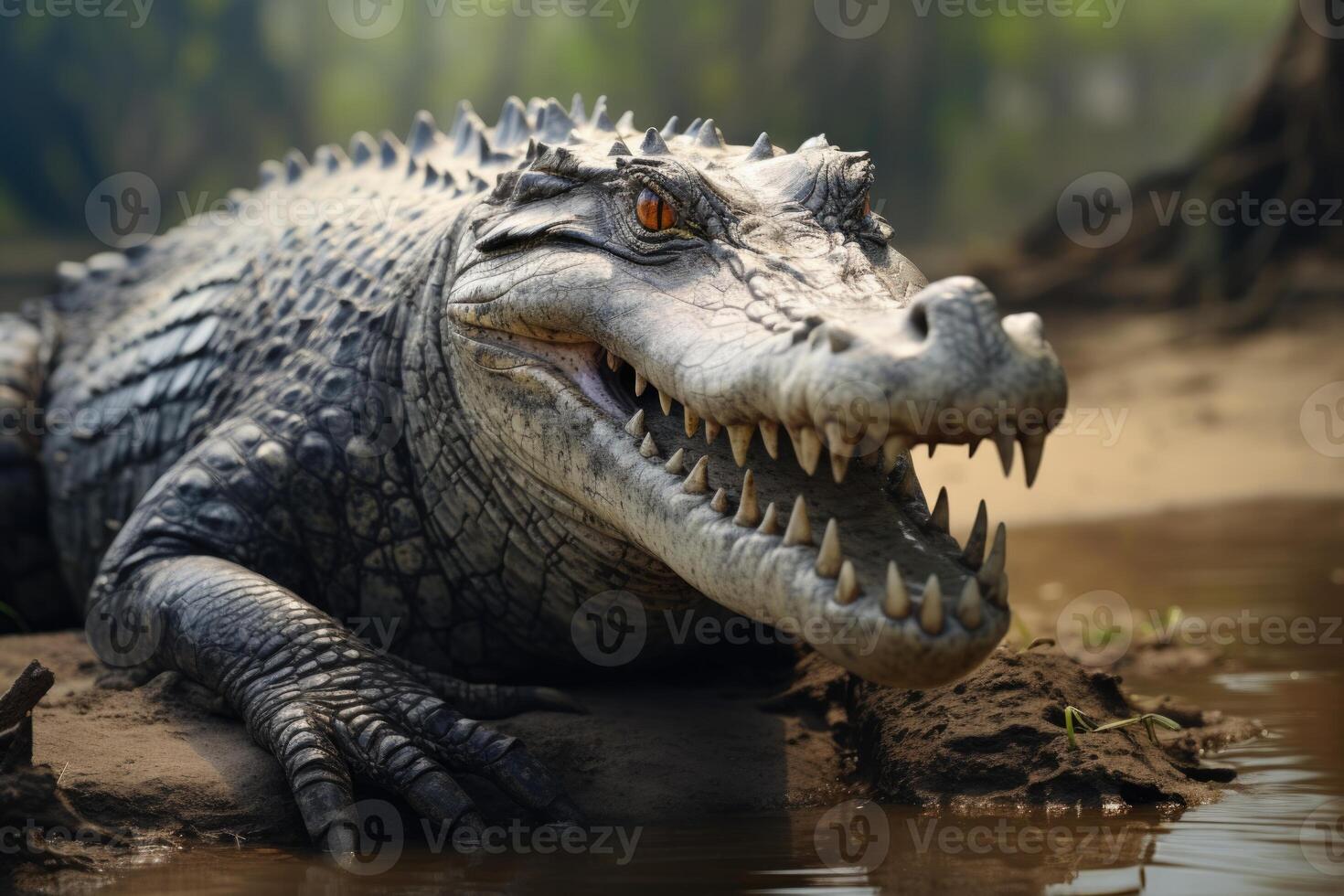 AI generated Large female saltwater crocodile on muddy river bank. photo