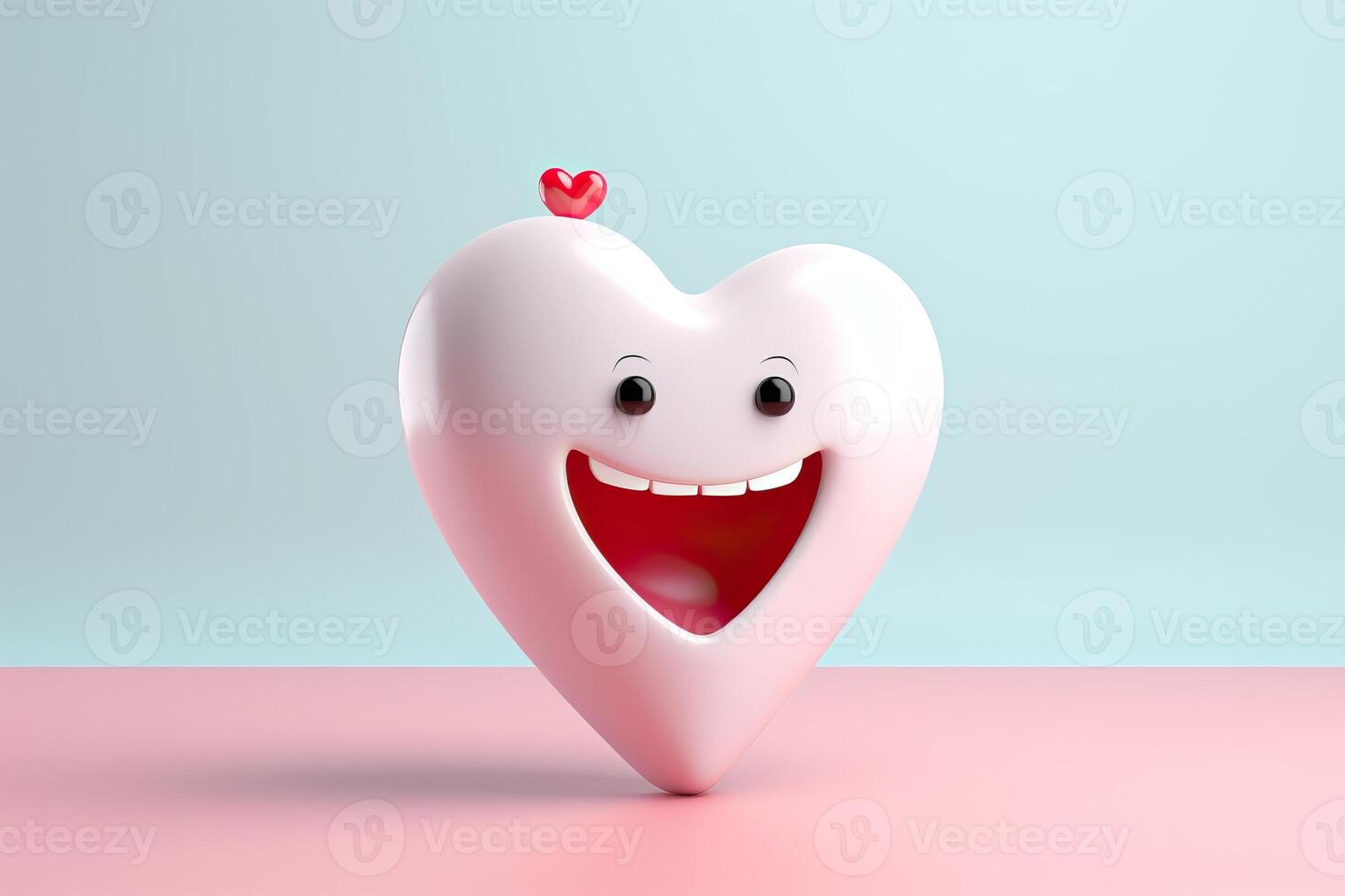 AI generated Cute 3D tooth with a red heart for Valentine's Day. photo