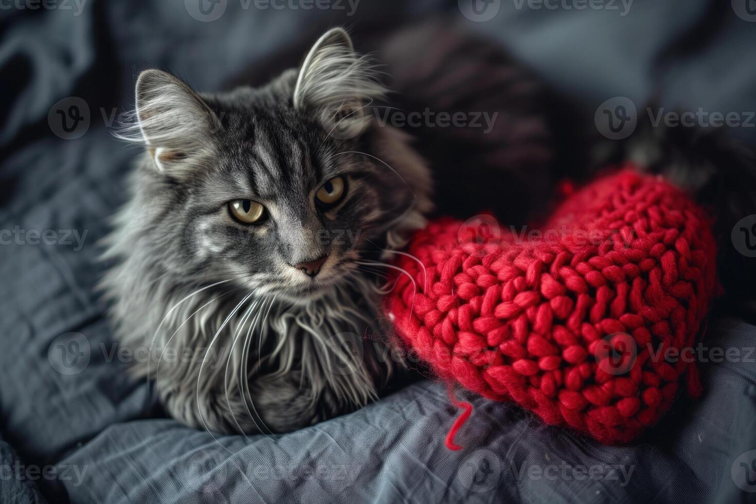 AI generated Valentines Day cat with red knitted heart and postcard. photo