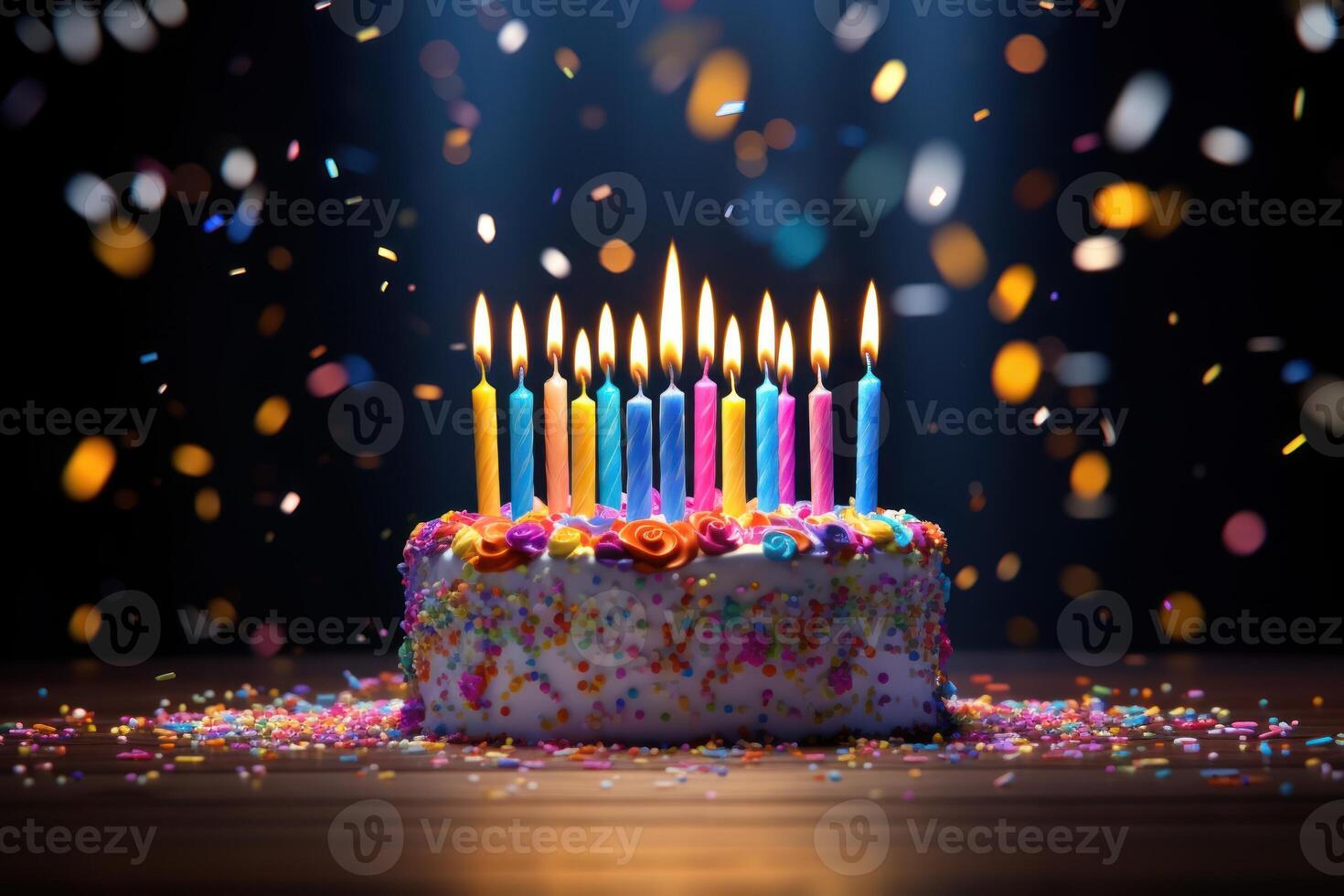 Colorful birthday cake with 21 candles and sprinkles photo