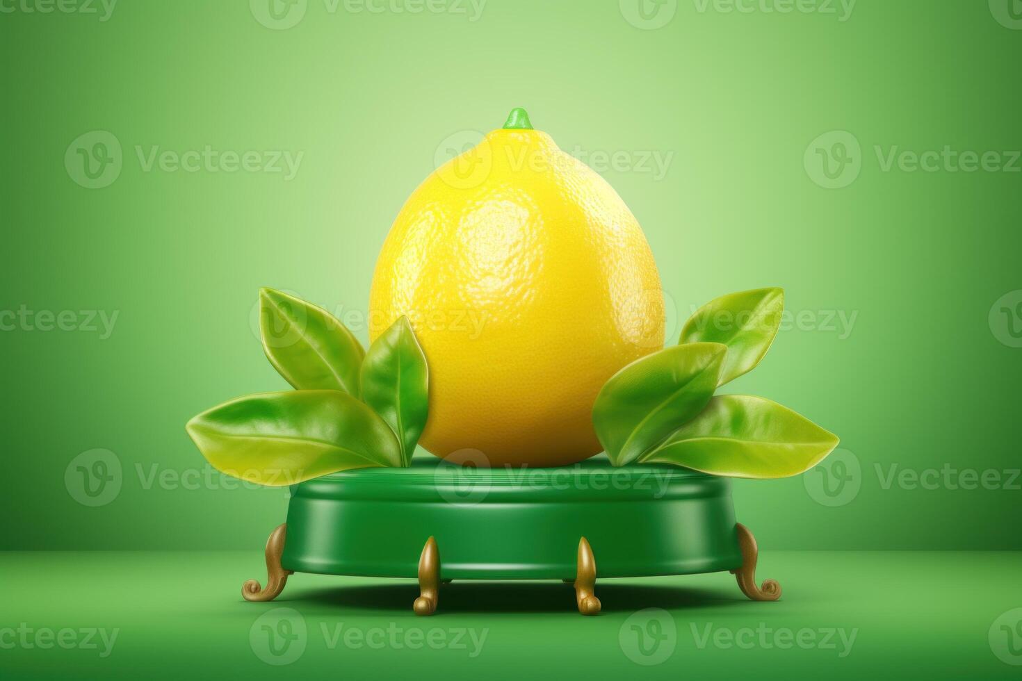 AI generated Lemon on transparent podium with green background. photo