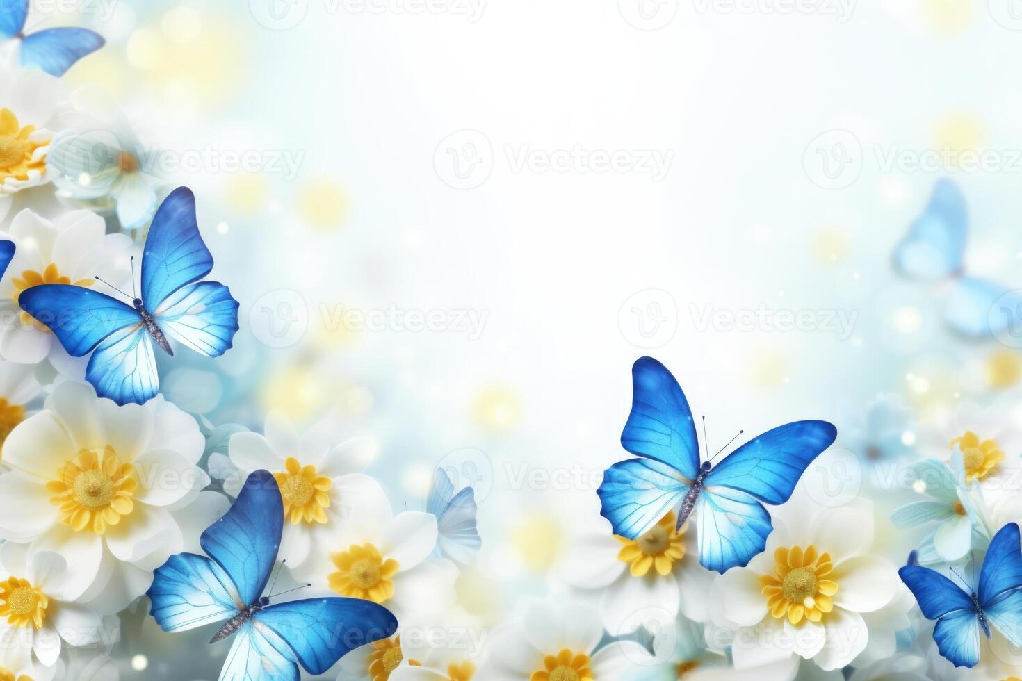 AI generated Floral nature card with hydrangeas, daisies, and butterflies photo