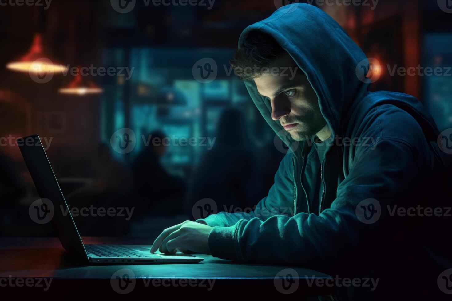 AI generated Man typing on laptop at night. photo
